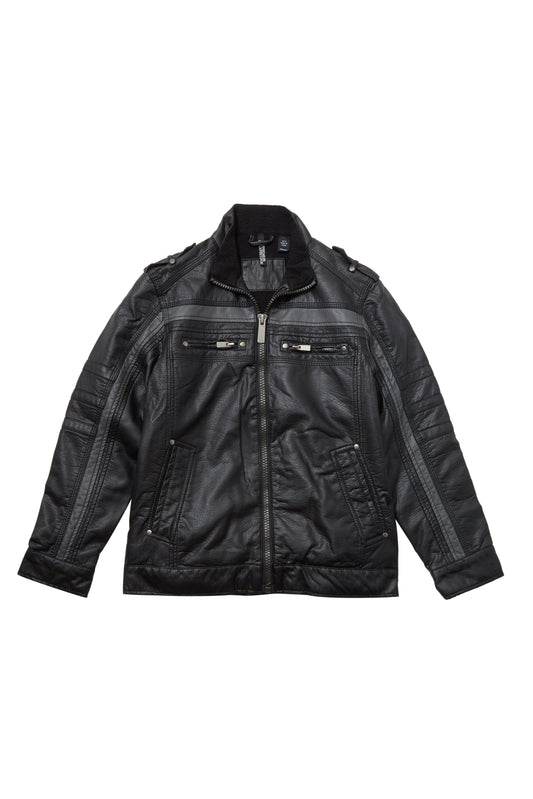 Giacca Moto in Pelle Vegana con Striscia Grigia