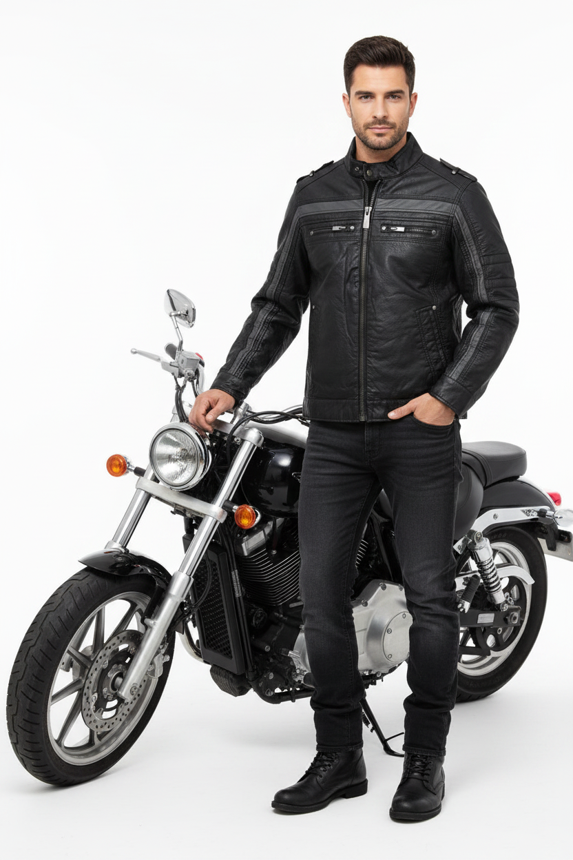 Motorcyclist wearing Vegan Leather Moto Jacket